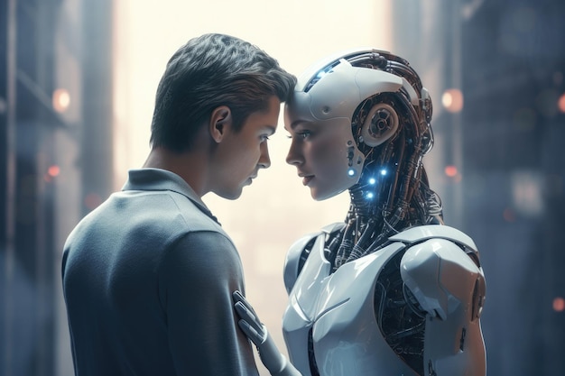 Foto relación entre humano y robot concepto de futuro futurista realidad futura relación falsa