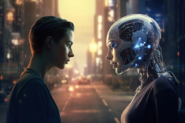 Relación entre humanos y robots en la ciudad futurista en el futuro concepto de relación falsa