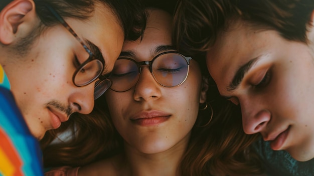 Foto relación poliamorosa entre tres individuos donde el amor y la conexión se comparten abiertamente y con mutuo consentimiento dos machos y una hembra