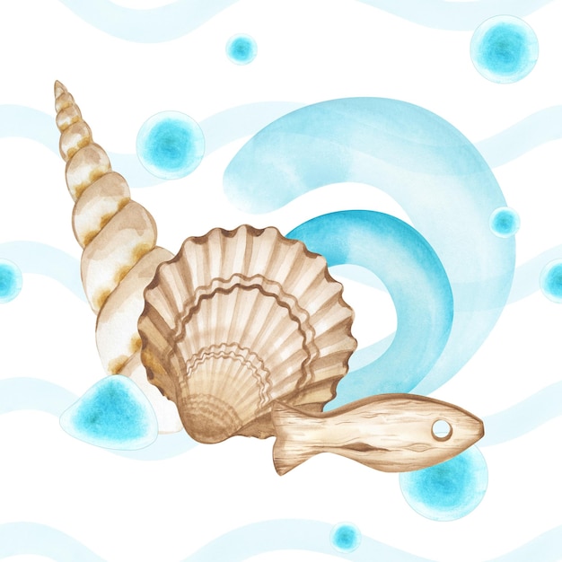 Relacionamiento de acuarela para un fondo sin costuras con conchas marinas estatuilla de pescado de madera estilizada turquesa