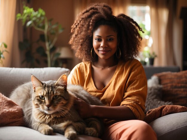 Foto las relaciones únicas y conmovedoras entre la mujer africana y su amado gato de mascota en casa