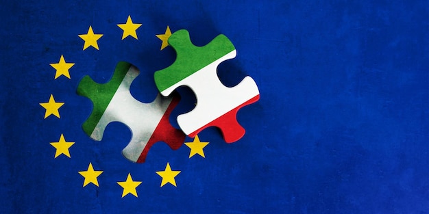 Relações da itália e da ue bandeira da união europeia com ilustração 3d da peça do quebra-cabeça da bandeira da itália