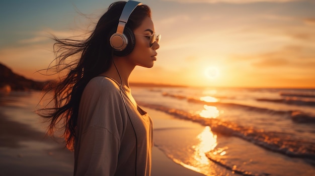 Foto relaja a la mujer con auriculares caminando por la playa en la puesta de sol dorada