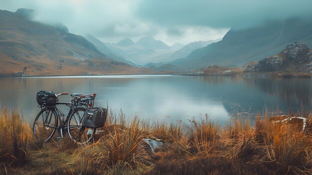 Foto relajación en bicicleta por el paisaje y la historia antigua del lago sereno escocés