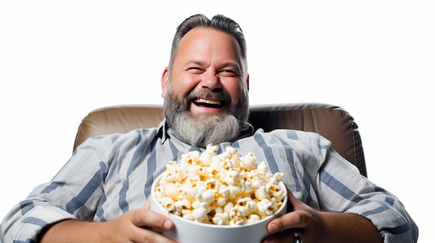 Foto relajación de fin de semana un hombre feliz con palomitas de maíz en una silla sobre un fondo blanco