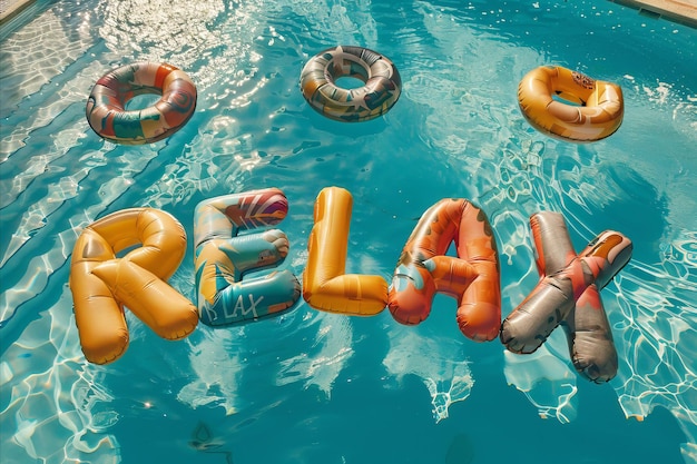 Relajación palabra deletreada en piscina inflable flota en una piscina de vacaciones de verano