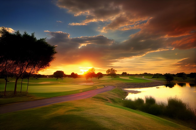 Relajación relajante en los campos de golf bajo el cielo del atardecer Generado por IA