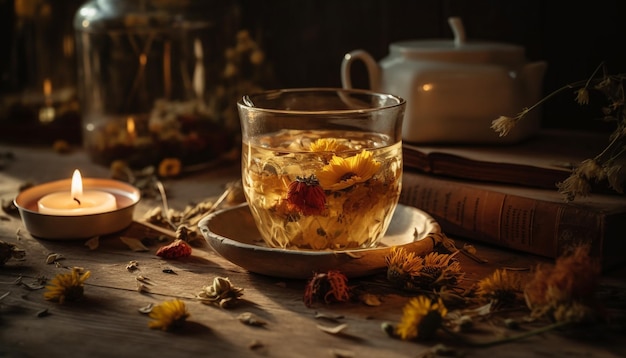 Relajación de té caliente a la luz de las velas con hojas de otoño generada por IA