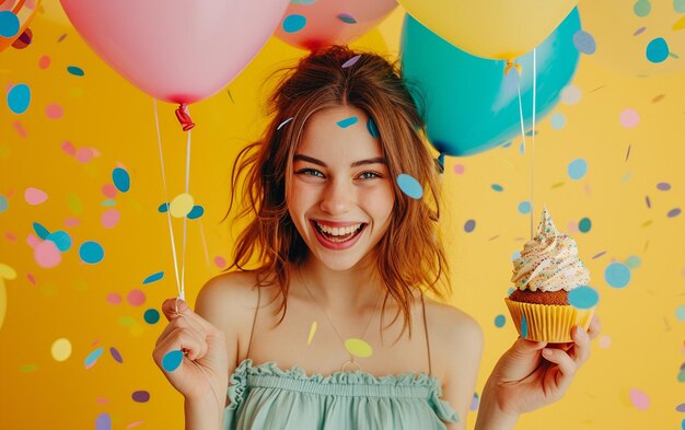 Relajado feliz cumpleaños mujeres mirando alegre sonriendo sosteniendo un pastel de cumpleaños y globos