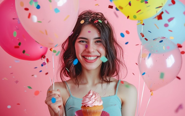 Relajado feliz cumpleaños mujeres mirando alegre sonriendo sosteniendo un pastel de cumpleaños y globos