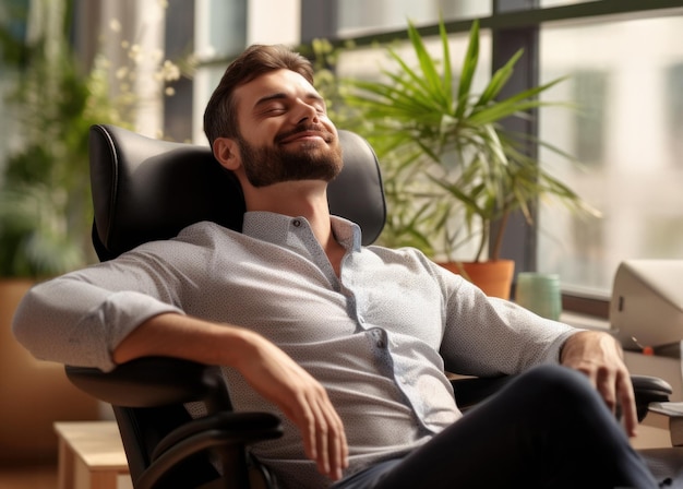 Foto relajado joven hombre de negocios descansando en el sillón de su oficina ai generativo