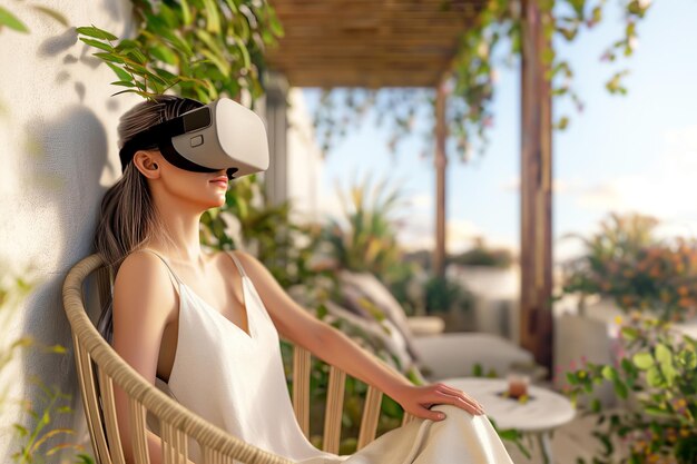 Relajándose en el balcón iluminado por el sol, la mujer disfruta de la experiencia de realidad virtual mezclando la comodidad con la tecnología