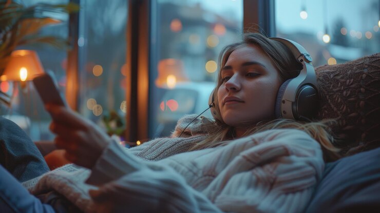 Relajándose en casa Una mujer disfrutando de entretenimiento con auriculares y teléfono inteligente en el sofá