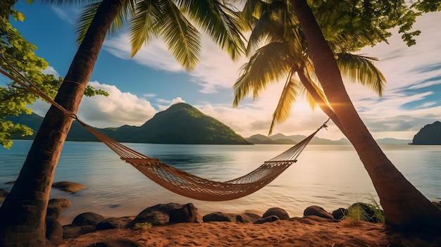 Foto relajándose en una hamaca en una isla tropical