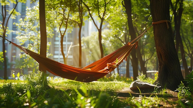 Relajándose en la naturaleza Una hamaca está colgada entre dos árboles en un bosque La hamaca es naranja y hay una almohada y un libro en ella