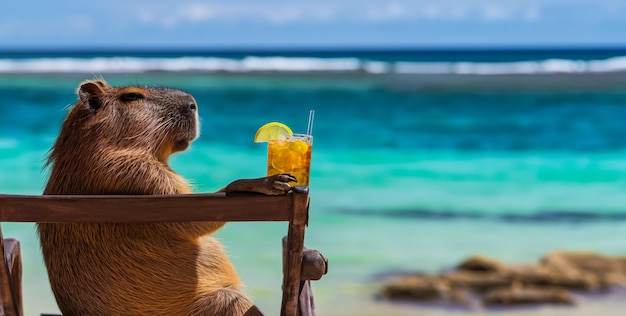 Relajándose en la playa en la costa del Caribe, el capibara bebe majito mientras está sentado en una silla de sol.