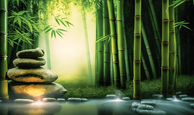 Relajante bosque de bambú en un entorno de spa con piedras naturales