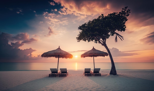 Relajante escena de puesta de sol tropical con tumbonas y sombrillas en la playa de arena blanca