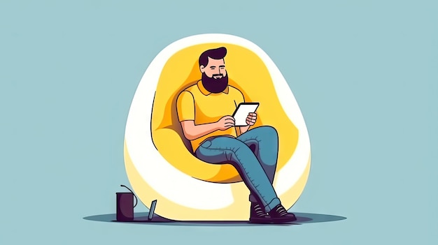 Relajante en estilo Hombre de dibujos animados con barba en camiseta blanca en silla de bolsa de frijol azul con teléfono inteligente