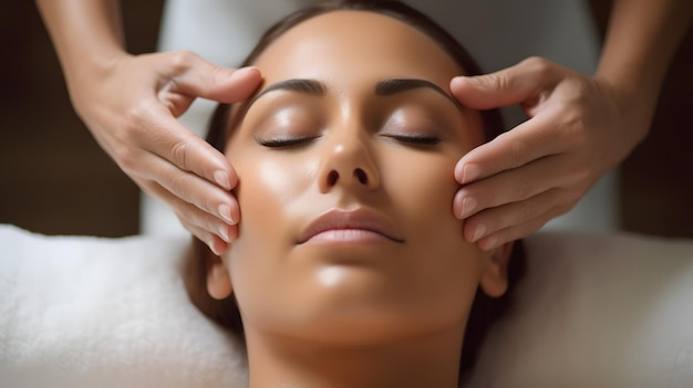 Relajante experiencia de spa Mujer disfrutando de un relajante masaje facial con toalla en la cabeza a