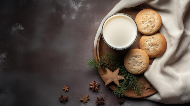 Una relajante ilustración minimalista plana de galletas horneadas y leche caliente para la noche de Navidad generada por la IA