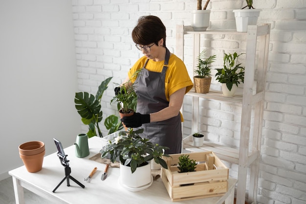 Relajante jardinería en el hogar Sonriente mujer de mediana edad con guantes negros con plantas en maceta graba blogs de video de jardinería en blogs de casas modernas y floristería vlog influencer