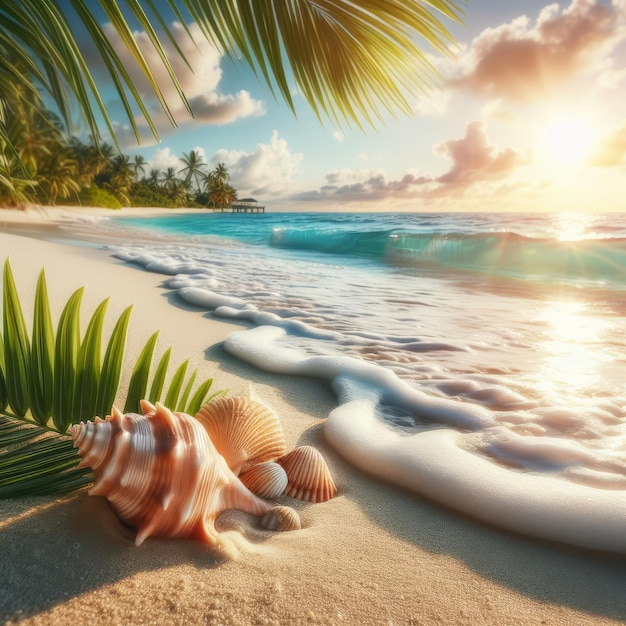 Relajante vista del paraíso con conchas marinas exóticas estrellas de pescado en la arena con olas de palma en los rayos del amanecer