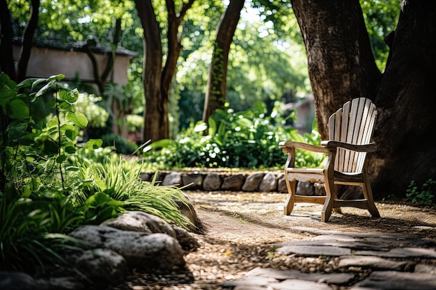 relajarse en el parque y silla de madera en el jardín al lado del sendero