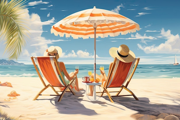 Relajarse en una playa soleada bebiendo cócteles felizmente