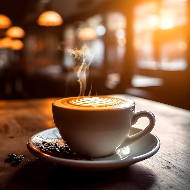 Relájese en el café caliente de la mañana de estilo de vida en una mesa dentro de una tienda de granos de café debajo de la taza