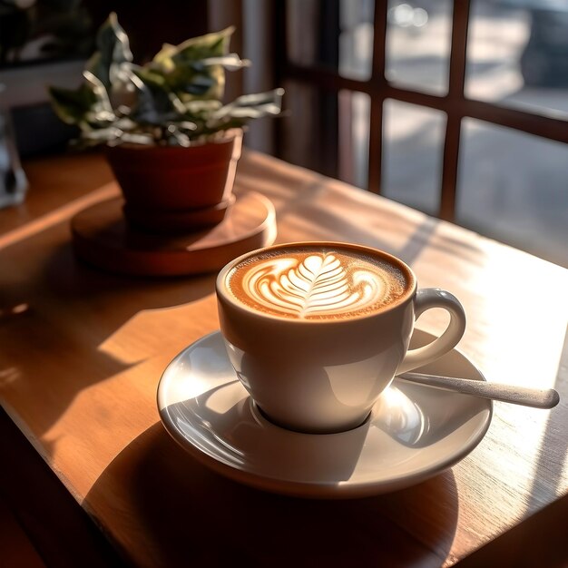 Relájese en el café caliente de la mañana de estilo de vida en una mesa dentro de una tienda de granos de café debajo de la taza