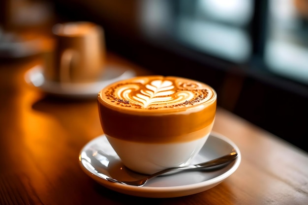 relájese el café caliente de la mañana en una mesa dentro de una tienda de granos de café bajo el estilo de vida de la taza y el sol