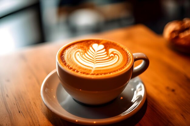 relájese el café caliente de la mañana en una mesa dentro de una tienda de granos de café bajo el estilo de vida de la taza y el sol