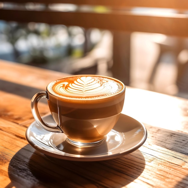 relájese el café caliente de la mañana en una mesa dentro de una tienda de granos de café bajo el estilo de vida de la taza y el sol