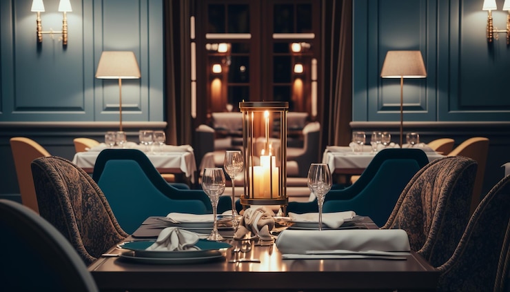 Foto relájese con estilo cena elegante en un gran restaurante de lujo con mesas elegantes ia generativa