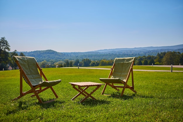 Relájese con una silla y una mesa de madera Disfrute de la vista del bosque del jardín