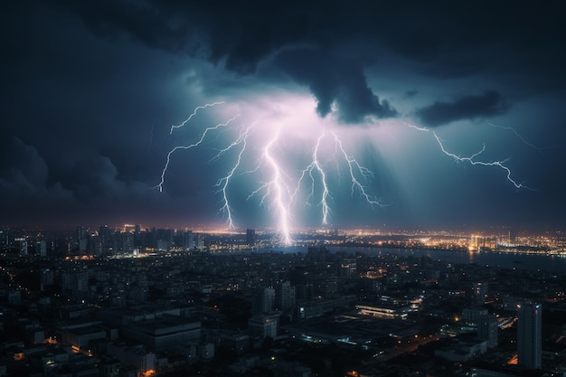 Relâmpago atinge uma cidade à noite