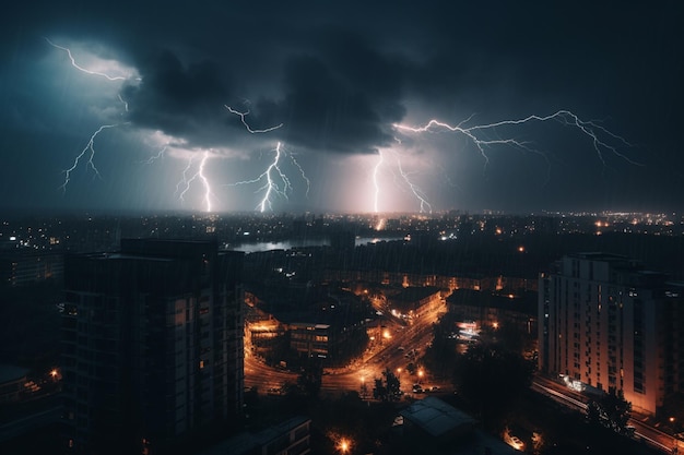 Relâmpago atinge uma cidade à noite