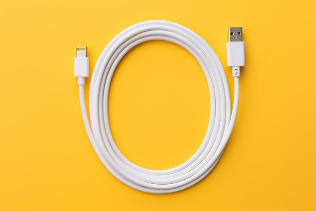 Relámpago blanco de manzana a cable USB C enrollado en fondo amarillo