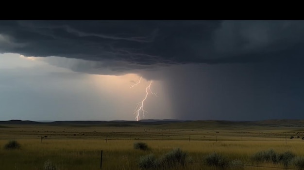 Un relámpago en un campo con un cielo oscuro y nubes