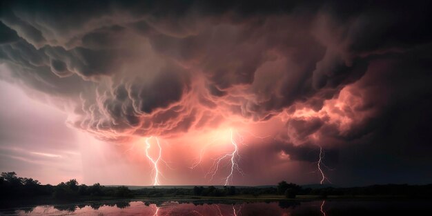 Foto relâmpago e tempestade nuvens cinzentas e cor-de-rosa fundo