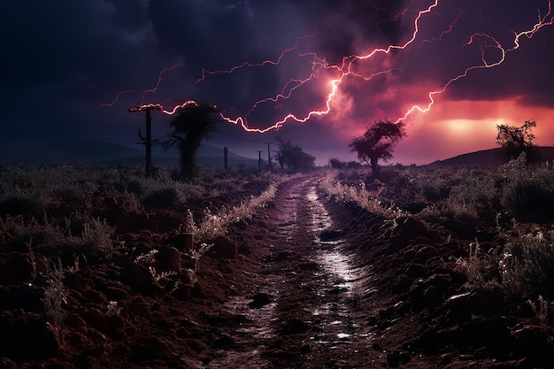 relâmpago em um campo perto da montanha