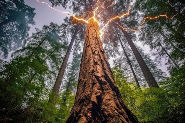 Relámpago golpeando un árbol en el bosque