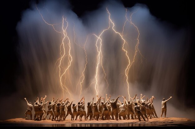 Foto el relámpago ilumina a un grupo de artistas en un escenario