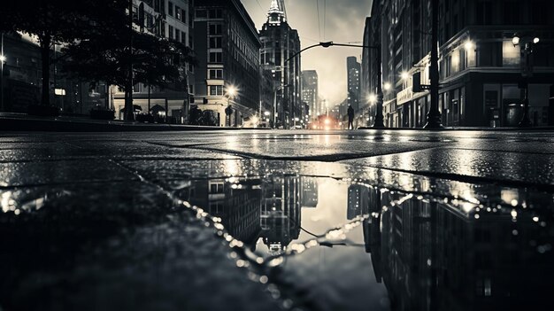 Foto el relámpago reflejado en un charco en una calle de la ciudad ai generative