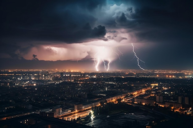 Relámpago sobre la ciudad nocturna Generado por IA