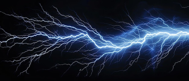 Foto el relámpago en la tormenta por la noche el destello eléctrico del trueno en el fondo del cielo azul oscuro el concepto de trueno tormenta de trueno golpea el rayo luz naturaleza