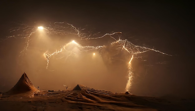 Relámpagos en el desierto Paisaje desértico nocturno con relámpagos y tormentas de arena Paisaje de fantasía Ilustración 3D