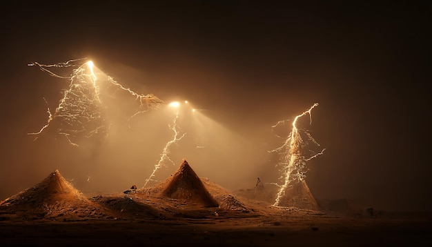 Relámpagos en el desierto Paisaje desértico nocturno con relámpagos y tormentas de arena Paisaje de fantasía Ilustración 3D