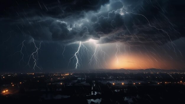 Relâmpagos e tempestades sobre a cidade à noite renderização 3D generativa ai